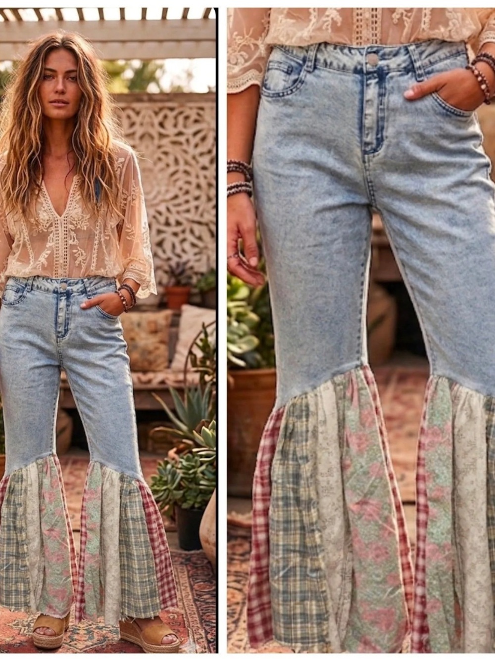 Boutique Boho Patchwork Flare Jeans with Floral & Plaid Panels size Small